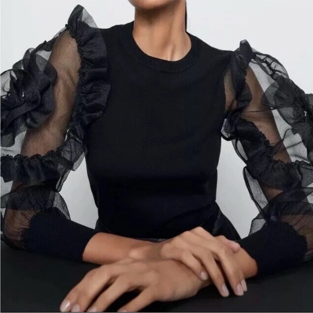 Zara Women Organza Black Sleeve Ruffled Sweater Sleeve Top Size M